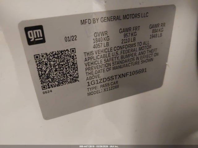 44712819 :رقم المزاد ، 1G1ZD5STXNF105691 vin ، 2022 Chevrolet Malibu Fwd Lt مزاد بيع