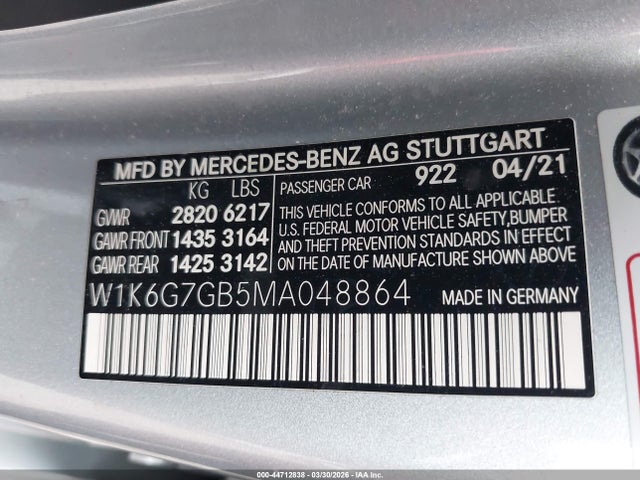 44712838 :رقم المزاد ، W1K6G7GB5MA048864 vin ، 2021 Mercedes-benz S 580 4matic مزاد بيع