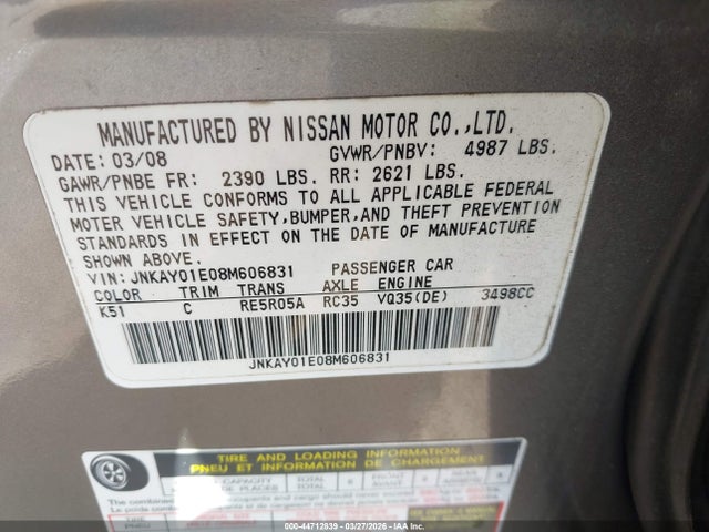 44712839 :رقم المزاد ، JNKAY01E08M606831 vin ، 2008 Infiniti M35 مزاد بيع