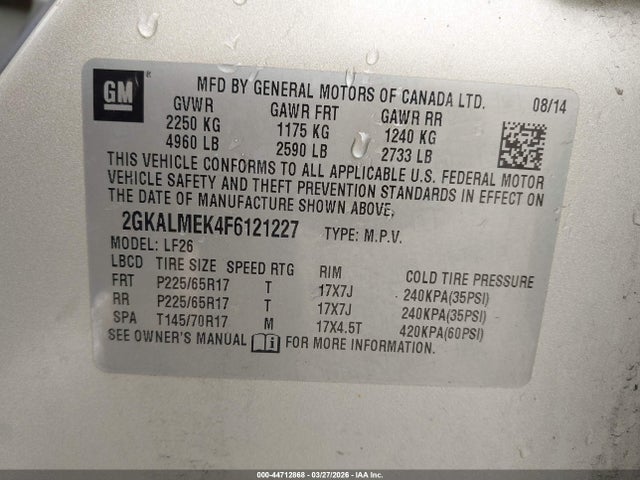 Aukcja sprzedaży 2015 Gmc Terrain Sle-1, vin: 2GKALMEK4F6121227, numer aukcji: 44712868