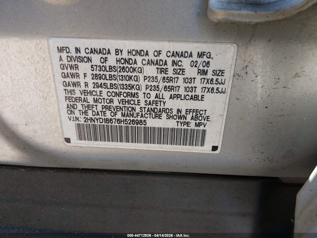 44712926 :رقم المزاد ، 2HNYD18676H526985 vin ، 2006 Acura Mdx مزاد بيع