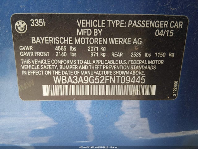 44712930 :رقم المزاد ، WBA3A9G52FNT09445 vin ، 2015 Bmw 335i مزاد بيع