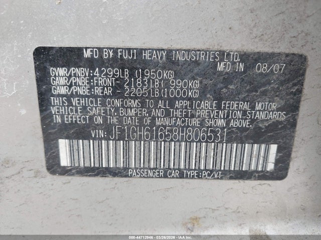 44712946 :رقم المزاد ، JF1GH61658H806531 vin ، 2008 Subaru Impreza 2.5i مزاد بيع