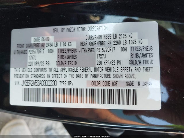 44712961 :رقم المزاد ، JM3ER2W53A0300330 vin ، 2010 Mazda Cx-7 I Sport مزاد بيع