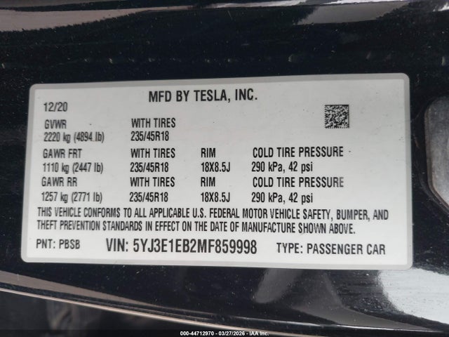2021 TESLA MODEL 3 5YJ3E1EB2MF859998 Photo 8