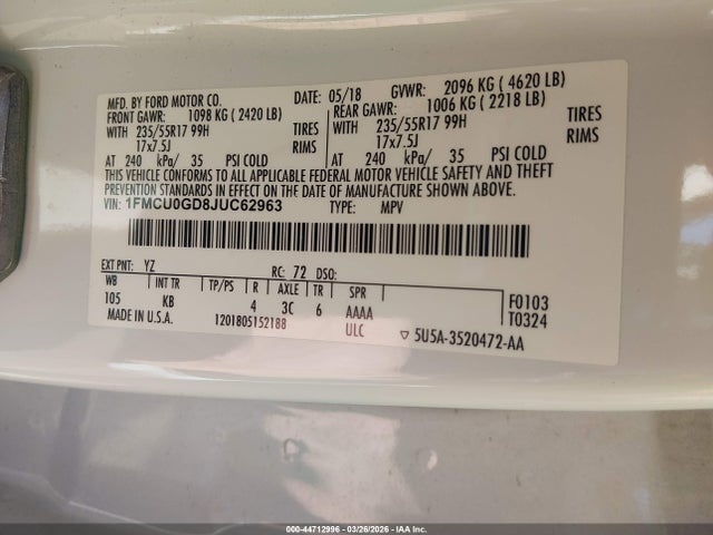 44712996 :رقم المزاد ، 1FMCU0GD8JUC62963 vin ، 2018 Ford Escape Se مزاد بيع