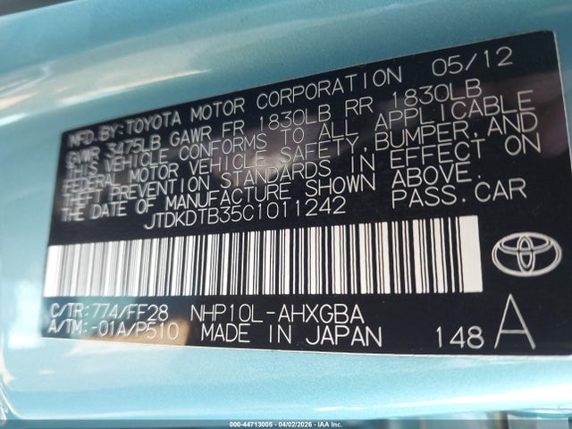 Aukcja sprzedaży 2012 Toyota Prius C Three, vin: JTDKDTB35C1011242, numer aukcji: 44713005