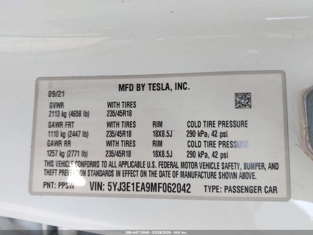 Продажа на аукционе авто 2021 Tesla Model 3 Standard Range Plus Rear-wheel Drive, vin: 5YJ3E1EA9MF062042, номер лота: 44713048