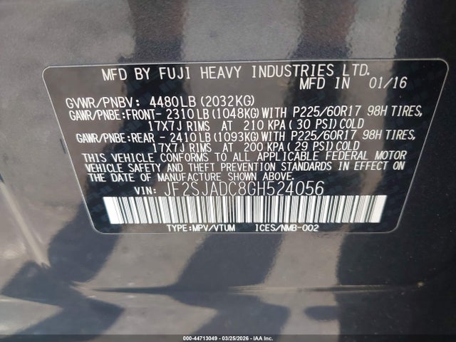 Aukcja sprzedaży 2016 Subaru Forester 2.5i Premium, vin: JF2SJADC8GH524056, numer aukcji: 44713049