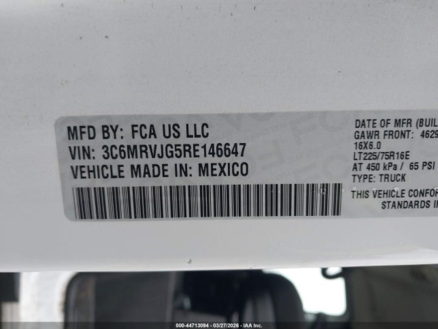 Продаж на аукціоні авто 2024 Ram Promaster 3500 Cargo Van Tradesman High Roof 159 Wb Ext W/pass Seat, vin: 3C6MRVJG5RE146647, номер лоту: 44713094