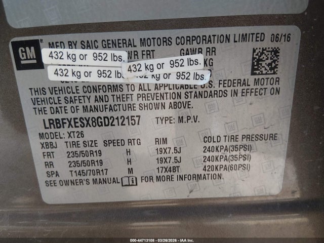 44713108 :رقم المزاد ، LRBFXESX8GD212157 vin ، 2016 Buick Envision Premium I مزاد بيع