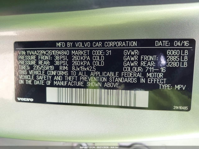 Aukcja sprzedaży 2016 Volvo Xc90 T6 Momentum, vin: YV4A22PK2G1094840, numer aukcji: 44713126