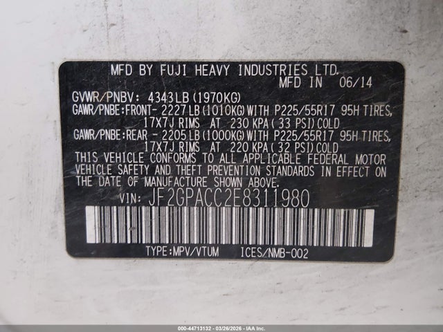 44713132 :رقم المزاد ، JF2GPACC2E8311980 vin ، 2014 Subaru Xv Crosstrek 2.0i Premium مزاد بيع