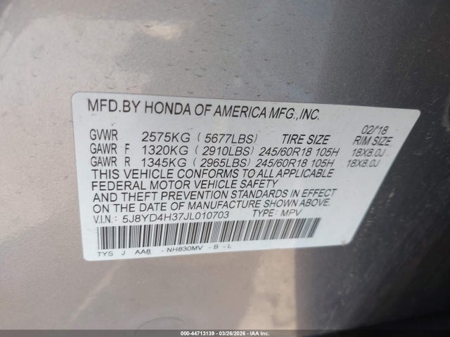 2018 Acura Mdx მანქანა იყიდება აუქციონზე, vin: 5J8YD4H37JL010703, აუქციონის ნომერი: 44713139