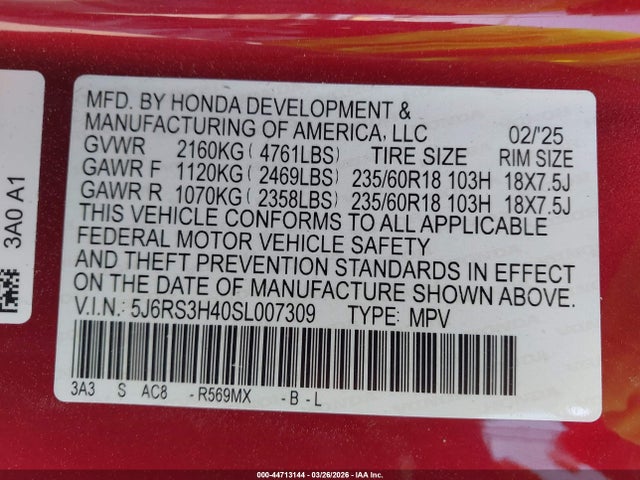 2025 Honda Cr-v Ex 2wd მანქანა იყიდება აუქციონზე, vin: 5J6RS3H40SL007309, აუქციონის ნომერი: 44713144