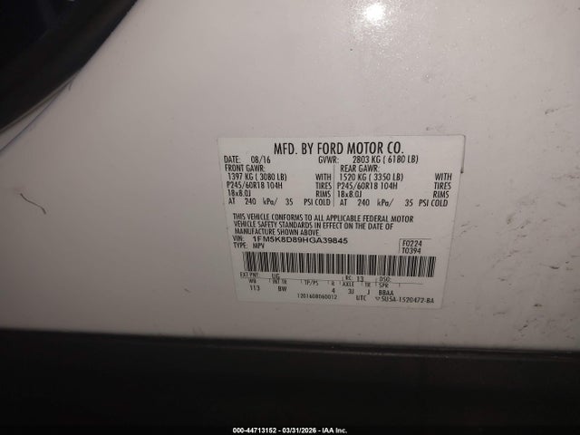 Ford EXPLORER XLT 2017 1FM5K8D89HGA39845 Image 9