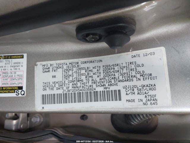 44713154 :رقم المزاد ، JTJBT20X540035824 vin ، 2004 Lexus Gx 470 مزاد بيع