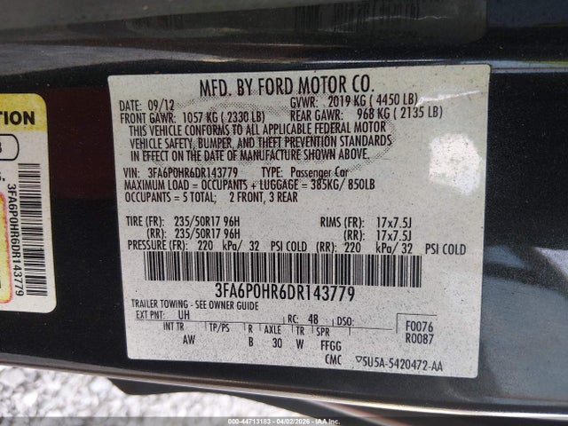 Продажа на аукционе авто 2013 Ford Fusion Se, vin: 3FA6P0HR6DR143779, номер лота: 44713183