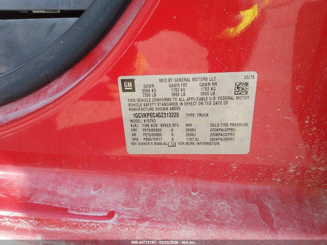 44713192 :رقم المزاد ، 1GCVKPEC4GZ313229 vin ، 2016 Chevrolet Silverado 1500 Custom مزاد بيع