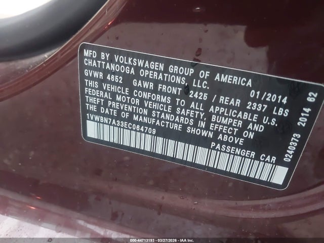 2014 Volkswagen Passat 2.0l Tdi Se მანქანა იყიდება აუქციონზე, vin: 1VWBN7A33EC064709, აუქციონის ნომერი: 44713193