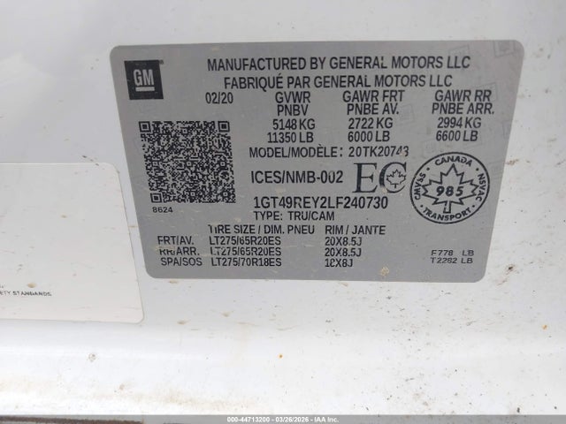 Aukcja sprzedaży 2020 Gmc Sierra 2500hd Denali, vin: 1GT49REY2LF240730, numer aukcji: 44713200