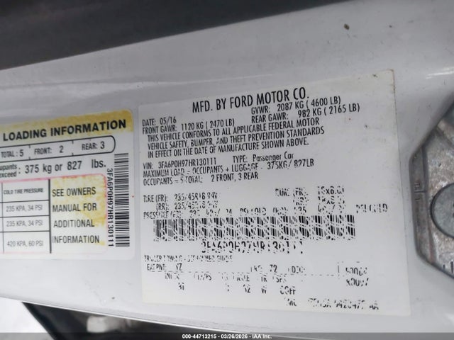 Aukcja sprzedaży 2017 Ford Fusion Se, vin: 3FA6P0H97HR130111, numer aukcji: 44713215