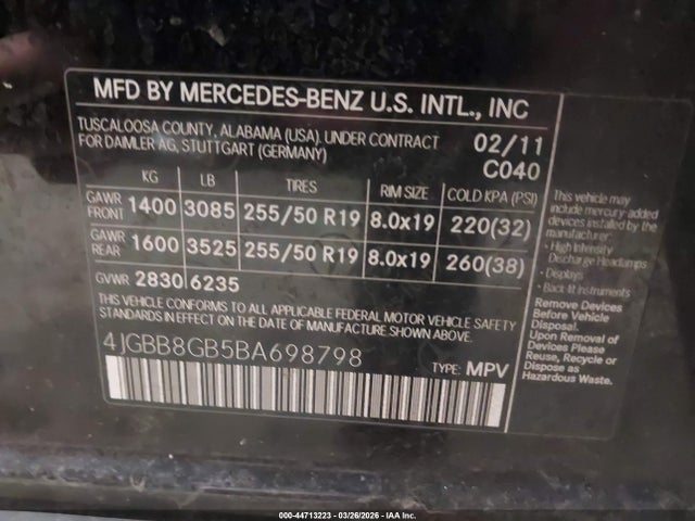 Продажа на аукционе авто 2011 Mercedes-benz Ml 350 4matic, vin: 4JGBB8GB5BA698798, номер лота: 44713223