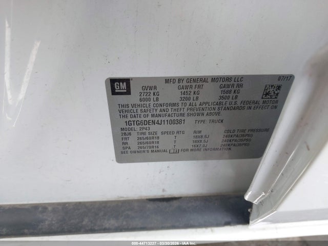 Продаж на аукціоні авто 2018 Gmc Canyon Slt, vin: 1GTG6DEN4J1100381, номер лоту: 44713227