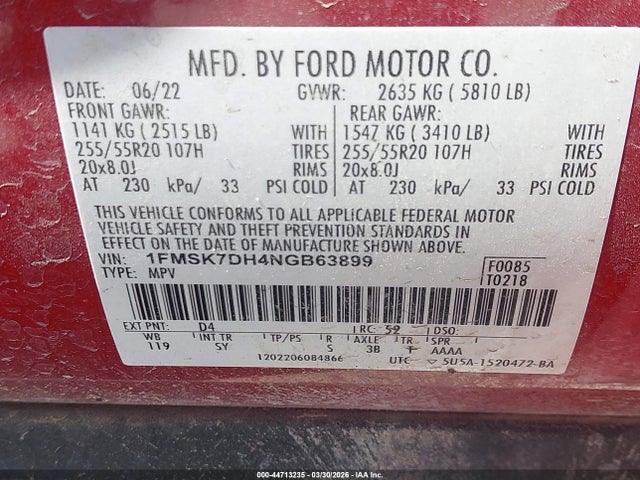 2022 Ford Explorer Xlt მანქანა იყიდება აუქციონზე, vin: 1FMSK7DH4NGB63899, აუქციონის ნომერი: 44713235