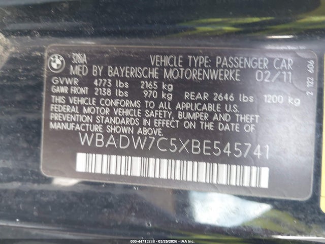 2011 Bmw 328i მანქანა იყიდება აუქციონზე, vin: WBADW7C5XBE545741, აუქციონის ნომერი: 44713288