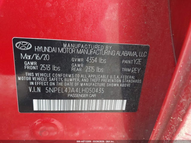 44713309 :رقم المزاد ، 5NPEL4JA4LH050435 vin ، 2020 Hyundai Sonata Sel مزاد بيع