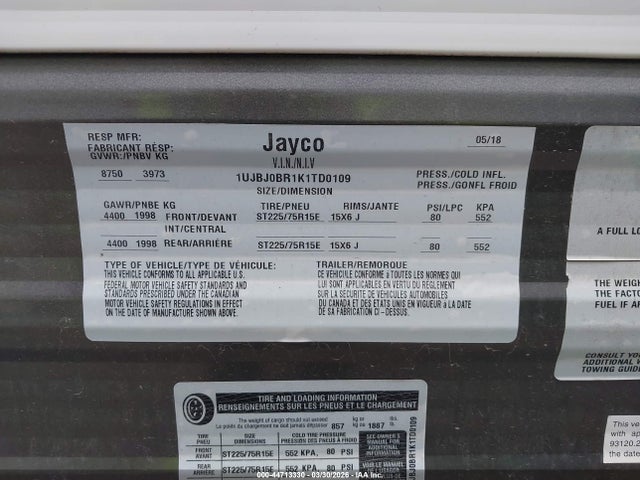 44713330 :رقم المزاد ، 1UJBJ0BR1K1TD0109 vin ، 2019 Jayco Travel Trailer مزاد بيع