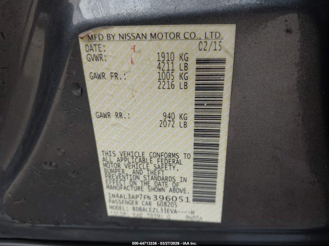 Aukcja sprzedaży 2015 Nissan Altima 2.5 S, vin: 1N4AL3AP7FN396051, numer aukcji: 44713336
