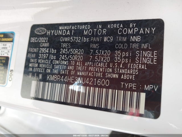 44713338 :رقم المزاد ، KM8R44HE3NU421600 vin ، 2022 Hyundai Palisade Sel مزاد بيع
