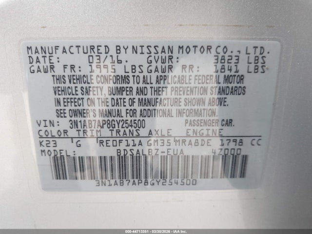 Aukcja sprzedaży 2016 Nissan Sentra S, vin: 3N1AB7AP8GY254500, numer aukcji: 44713351