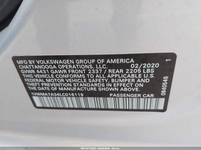 Продаж на аукціоні авто 2020 Volkswagen Passat 2.0t R-line, vin: 1VWMA7A34LC016119, номер лоту: 44713352
