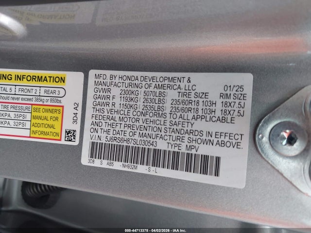 2025 Honda Cr-v Hybrid Sport-l მანქანა იყიდება აუქციონზე, vin: 5J6RS6H87SL030543, აუქციონის ნომერი: 44713378