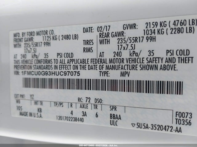 1FMCU0G93HUC97075 Ford ESCAPE SE