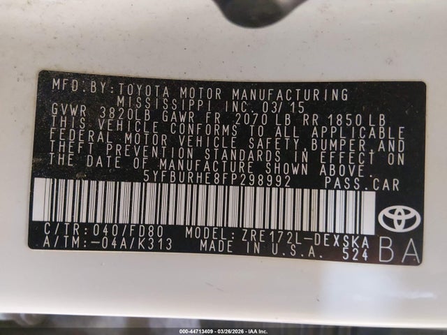 44713409 :رقم المزاد ، 5YFBURHE8FP298992 vin ، 2015 Toyota Corolla S Plus مزاد بيع