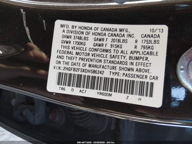 44713429 :رقم المزاد ، 2HGFB2F5XDH586342 vin ، 2013 Honda Civic Lx مزاد بيع