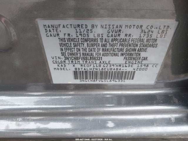 44713446 :رقم المزاد ، 3N1CN8FV6SL896331 vin ، 2025 Nissan Versa 1.6 Sr مزاد بيع