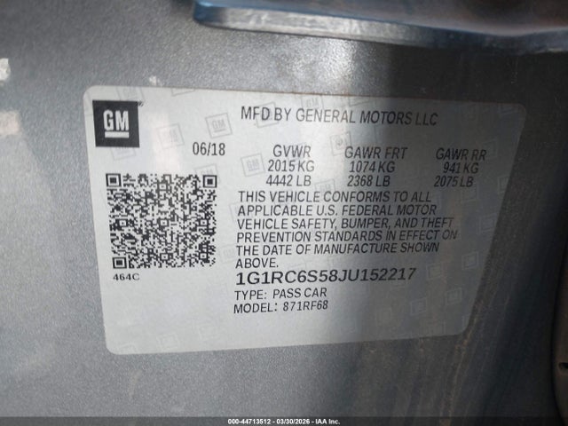 2018 Chevrolet Volt Lt მანქანა იყიდება აუქციონზე, vin: 1G1RC6S58JU152217, აუქციონის ნომერი: 44713512