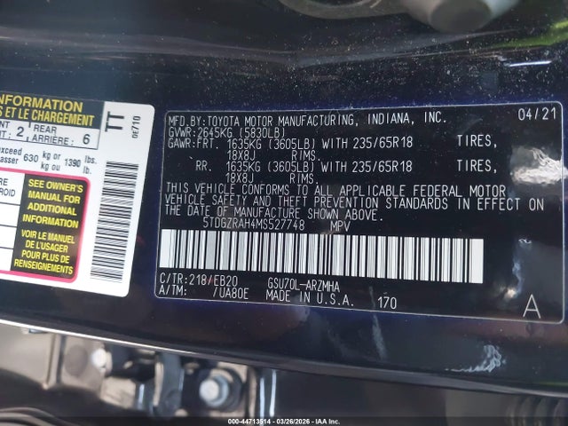 5TDGZRAH4MS527748 Toyota Highlander Xle