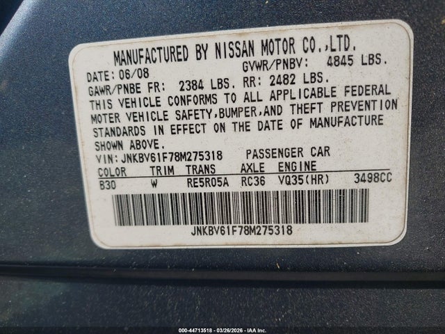 44713518 :رقم المزاد ، JNKBV61F78M275318 vin ، 2008 Infiniti G35x مزاد بيع