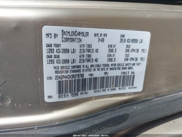 44713527 :رقم المزاد ، 2D4GP443X3R279766 vin ، 2003 Dodge Grand Caravan Sport مزاد بيع