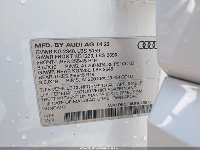 Продажа на аукционе авто 2025 Audi Q3 Premium 45 Tfsi S Line Quattro Tiptronic, vin: WA1DECF38S1078572, номер лота: 44713555