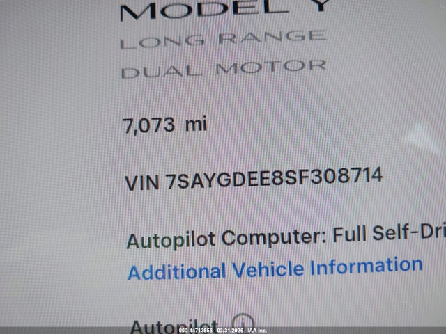44713558 :رقم المزاد ، 7SAYGDEE8SF308714 vin ، 2025 Tesla Model Y Long Range Dual Motor All-wheel Drive مزاد بيع