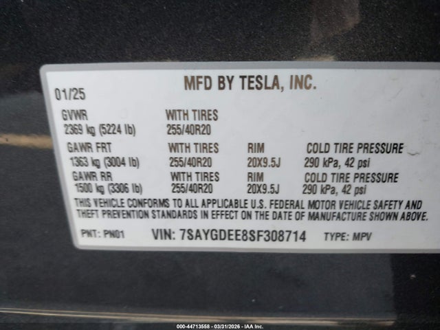 44713558 :رقم المزاد ، 7SAYGDEE8SF308714 vin ، 2025 Tesla Model Y Long Range Dual Motor All-wheel Drive مزاد بيع