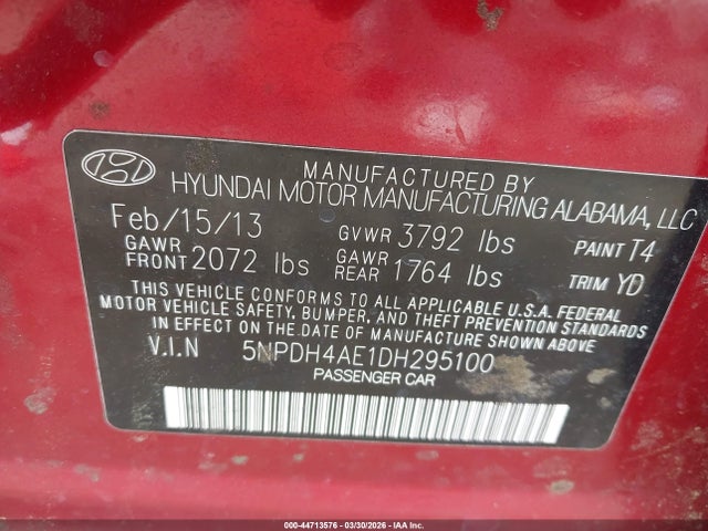 44713576 :رقم المزاد ، 5NPDH4AE1DH295100 vin ، 2013 Hyundai Elantra Limited مزاد بيع