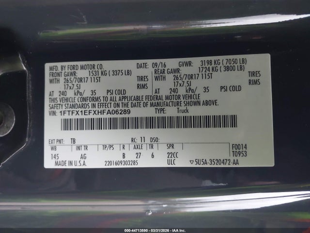 Ford F-150 Xl 2017 1FTFX1EFXHFA06289 Image 9